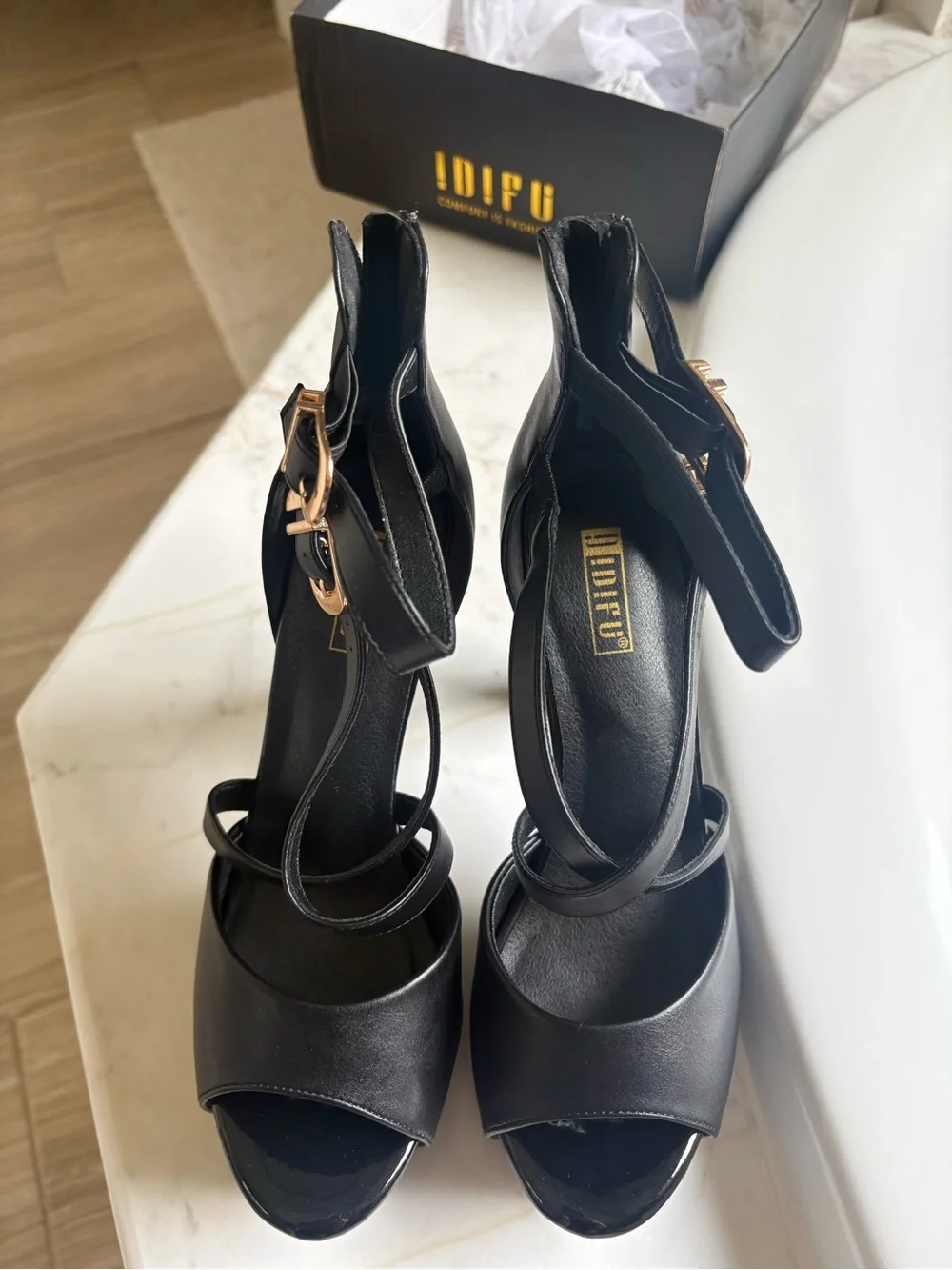 Black High Heel Platform Strappy Sandals with Gold Buckles